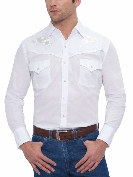 Ely Cattleman 15203901-05 Mens White Rose Embroidery Long Sleeve Western Shirt White front view tucked in. If you need any assistance with this item or the purchase of this item please call us at five six one seven four eight eight eight zero one Monday through Saturday 10:00a.m EST to 8:00 p.m EST