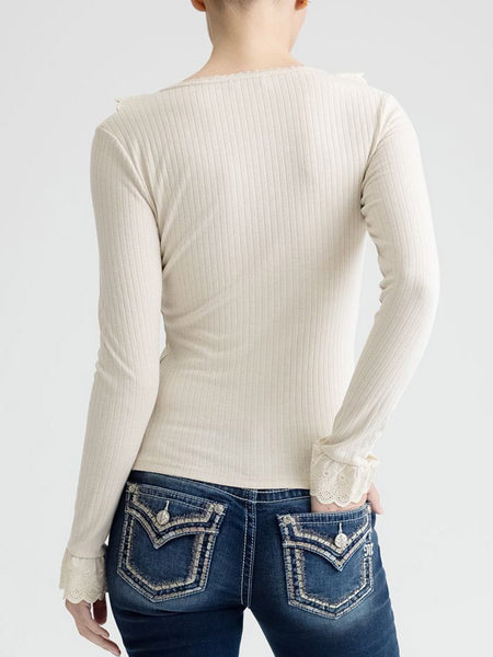 Miss Me MT3397L Womens Long Sleeve Ruffle Top Natural back view. If you need any assistance with this item or the purchase of this item please call us at five six one seven four eight eight eight zero one Monday through Saturday 10:00a.m EST to 8:00 p.m EST