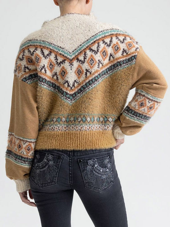 Miss Me MSW0606L Womens Patterned Sherpa Sweater Tan back view. If you need any assistance with this item or the purchase of this item please call us at five six one seven four eight eight eight zero one Monday through Saturday 10:00a.m EST to 8:00 p.m EST