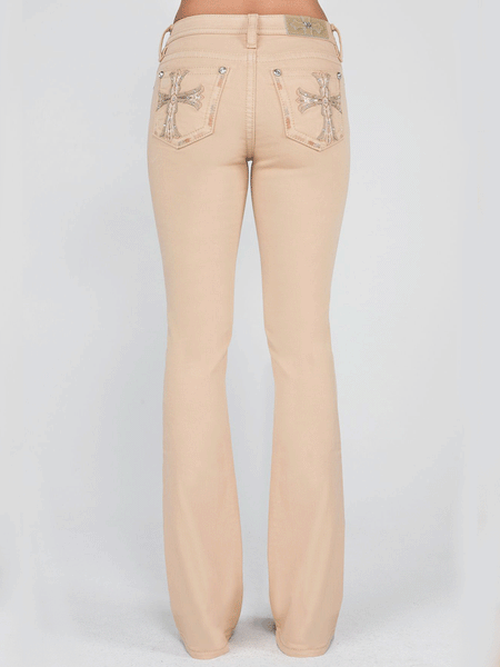 Miss Me M9261B Womens Subtle Cross Bootcut Jeans Beige full back view. If you need any assistance with this item or the purchase of this item please call us at five six one seven four eight eight eight zero one Monday through Saturday 10:00a.m EST to 8:00 p.m EST