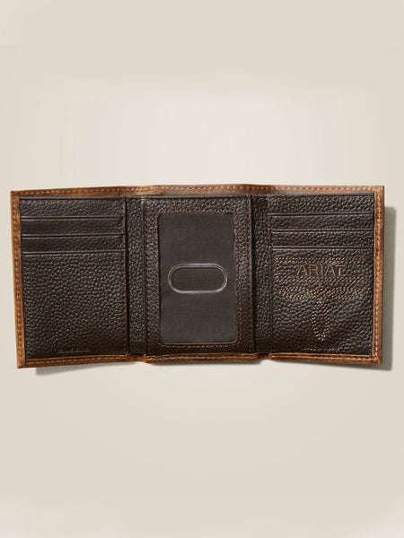 Ariat A3545402 Mens Trifold American Flag Wallet Bark inside open view. If you need any assistance with this item or the purchase of this item please call us at five six one seven four eight eight eight zero one Monday through Saturday 10:00a.m EST to 8:00 p.m EST