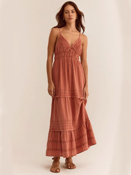 Z Supply ZD242515S-ACY Womens Divinity Midi Dress Adobe Clay Rust front view. If you need any assistance with this item or the purchase of this item please call us at five six one seven four eight eight eight zero one Monday through Saturday 10:00a.m EST to 8:00 p.m EST
