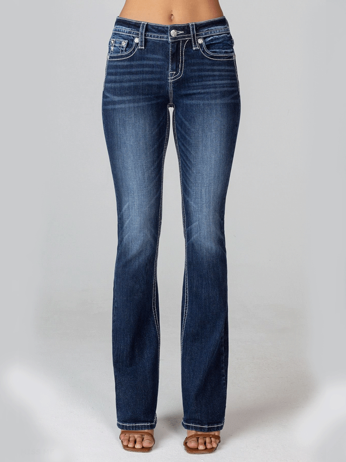 Miss Me M9195B Womens Mid-Rise Boot Jean Dark Blue full back view. If you need any assistance with this item or the purchase of this item please call us at five six one seven four eight eight eight zero one Monday through Saturday 10:00a.m EST to 8:00 p.m EST