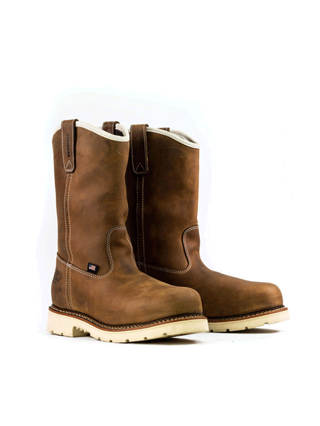 Thorogood 804-3320 Mens Pull On Waterproof Safety Toe Wellington Boot Crazyhorse Brown pair front and side view. If you need any assistance with this item or the purchase of this item please call us at five six one seven four eight eight eight zero one Monday through Saturday 10:00a.m EST to 8:00 p.m EST