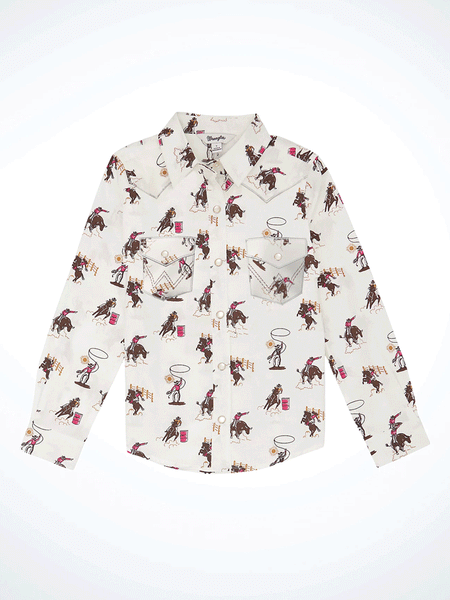 Wrangler 112355824 Kids Long Sleeve Western Snap Shirt White front. If you need any assistance with this item or the purchase of this item please call us at five six one seven four eight eight eight zero one Monday through Saturday 10:00a.m EST to 8:00 p.m EST