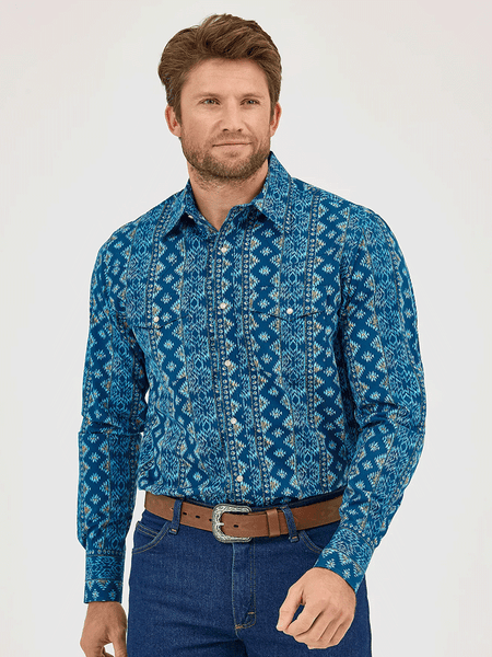 Wrangler 112359440 Mens Checotah Long Sleeve Western Shirt Deep Lake Blue front view. If you need any assistance with this item or the purchase of this item please call us at five six one seven four eight eight eight zero one Monday through Saturday 10:00a.m EST to 8:00 p.m EST