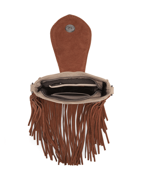 Trinity Ranch TR180-8360TN Womens Genuine Hair On Cowhide Tooled Fringe Crossbody Bag Tan inside view. If you need any assistance with this item or the purchase of this item please call us at five six one seven four eight eight eight zero one Monday through Saturday 10:00a.m EST to 8:00 p.m EST