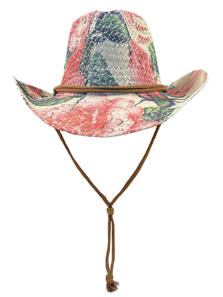 Rockmount 2131 Womens Floral Print Western Cowgirl Straw Hat Pink And Green front view. If you need any assistance with this item or the purchase of this item please call us at five six one seven four eight eight eight zero one Monday through Saturday 10:00a.m EST to 8:00 p.m EST