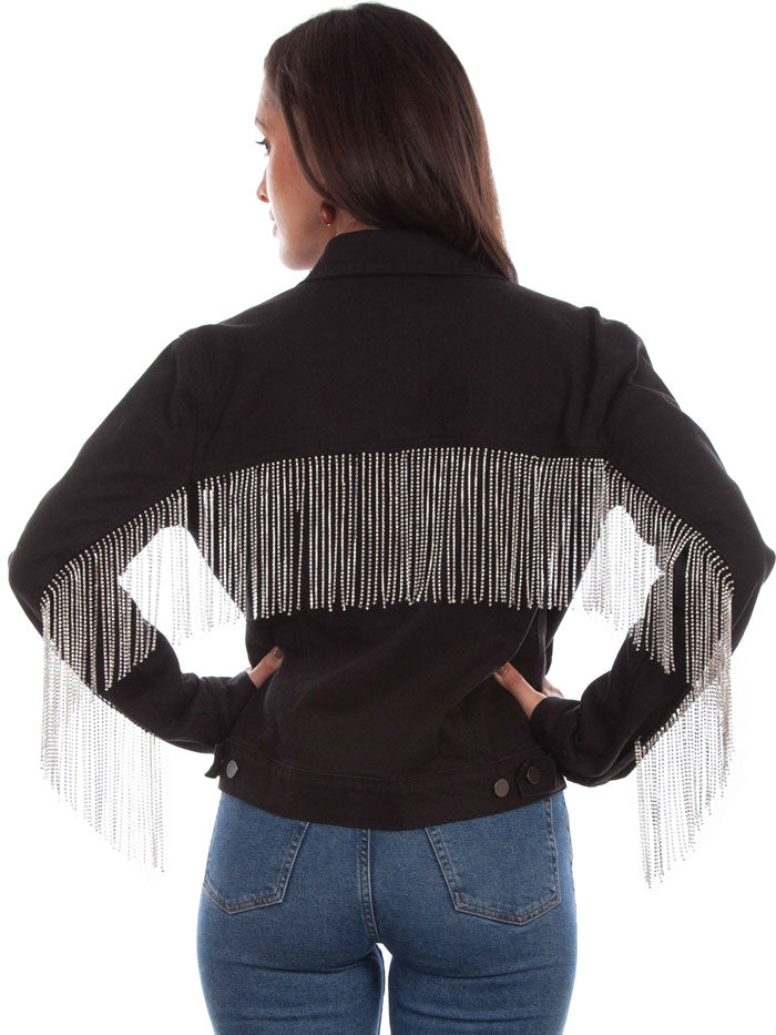 Scully HC792-BLK Womens Rhinestone Fringe Denim Western Jacket Black front view. If you need any assistance with this item or the purchase of this item please call us at five six one seven four eight eight eight zero one Monday through Saturday 10:00a.m EST to 8:00 p.m EST