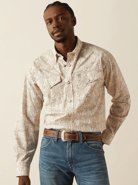 Ariat 10058758 Mens Wellington Classic Fit Long Sleeve Shirt Tan front view. If you need any assistance with this item or the purchase of this item please call us at five six one seven four eight eight eight zero one Monday through Saturday 10:00a.m EST to 8:00 p.m EST