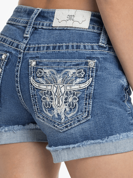 Miss Me M9463H Womens Mid-Rise Daisy Longhorn Denim Shorts Medium Wash back close up view. If you need any assistance with this item or the purchase of this item please call us at five six one seven four eight eight eight zero one Monday through Saturday 10:00a.m EST to 8:00 p.m EST