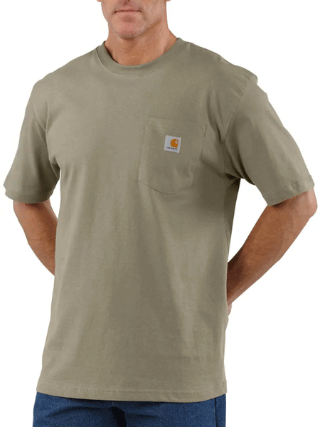 Carhartt K87-DES Mens Loose Fit Heavyweight Short-Sleeve Pocket T-Shirt Desert front view. If you need any assistance with this item or the purchase of this item please call us at five six one seven four eight eight eight zero one Monday through Saturday 10:00a.m EST to 8:00 p.m EST