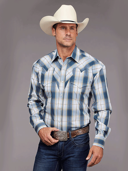 Stetson 11-001-0478-5016 Mens Dobby Plaid Western Shirt Blue front view. If you need any assistance with this item or the purchase of this item please call us at five six one seven four eight eight eight zero one Monday through Saturday 10:00a.m EST to 8:00 p.m EST