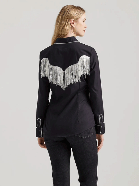 Wrangler 112356678 Womens Western Dress Fringe Snap Shirt Black back. If you need any assistance with this item or the purchase of this item please call us at five six one seven four eight eight eight zero one Monday through Saturday 10:00a.m EST to 8:00 p.m EST