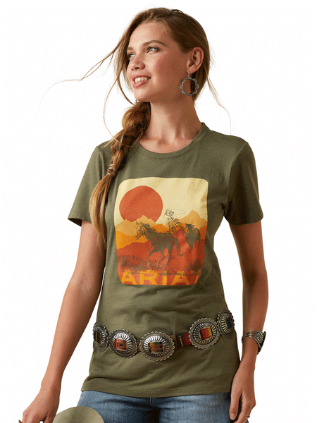 Ariat 10045466 Womens Mustang Fever Short Sleeve Tee Military Heather front view. If you need any assistance with this item or the purchase of this item please call us at five six one seven four eight eight eight zero one Monday through Saturday 10:00a.m EST to 8:00 p.m EST