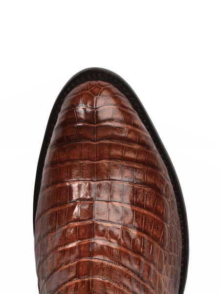 Lucchese M1635.R4 Mens Charles Belly Caiman Boots Sienna Dark Brown toe view from above. If you need any assistance with this item or the purchase of this item please call us at five six one seven four eight eight eight zero one Monday through Saturday 10:00a.m EST to 8:00 p.m EST