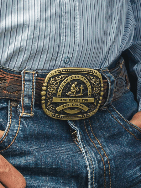 Montana Silversmiths A1040C Kneel For The Cross Buckle Brass on model. If you need any assistance with this item or the purchase of this item please call us at five six one seven four eight eight eight zero one Monday through Saturday 10:00a.m EST to 8:00 p.m EST