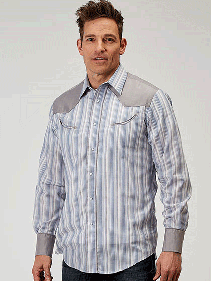 Roper 01-001-0087-0366 Mens Long Sleeve Western Stripe Shirt Blue front view. If you need any assistance with this item or the purchase of this item please call us at five six one seven four eight eight eight zero one Monday through Saturday 10:00a.m EST to 8:00 p.m EST