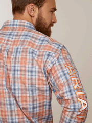 Ariat 10044910 Mens Team Damion Classic Fit Shirt Peach back view and close up of arm embroidery. If you need any assistance with this item or the purchase of this item please call us at five six one seven four eight eight eight zero one Monday through Saturday 10:00a.m EST to 8:00 p.m EST