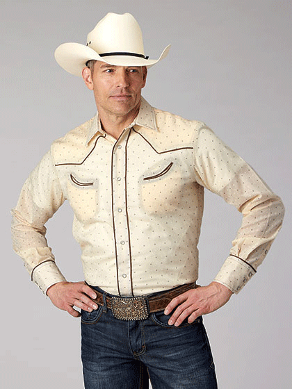 Roper 01-001-0086-4065 Mens Long Sleeve Retro Western Shirt Cream front view. If you need any assistance with this item or the purchase of this item please call us at five six one seven four eight eight eight zero one Monday through Saturday 10:00a.m EST to 8:00 p.m EST