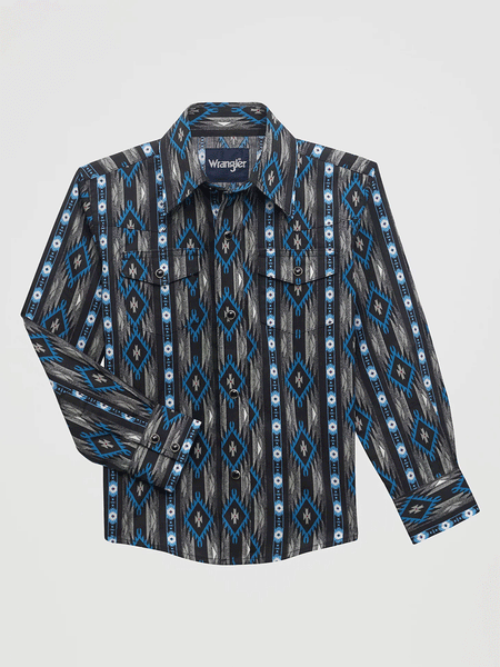 Wrangler 112356535 Kids Checotah Long Sleeve Shirt Black Bleu front. If you need any assistance with this item or the purchase of this item please call us at five six one seven four eight eight eight zero one Monday through Saturday 10:00a.m EST to 8:00 p.m EST