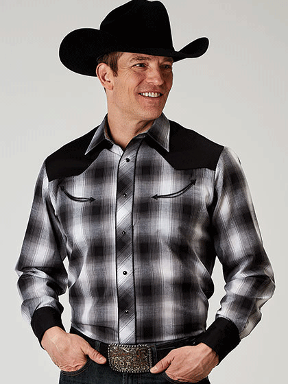 Roper 01-001-0087-3005 Mens Long Sleeve Western Plaid Shirt Black front view. If you need any assistance with this item or the purchase of this item please call us at five six one seven four eight eight eight zero one Monday through Saturday 10:00a.m EST to 8:00 p.m EST