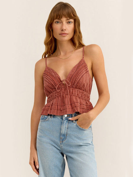 Z Supply ZT242455S-ACY Womens Sorrell Tank Adobe Clay Rust front view on model. If you need any assistance with this item or the purchase of this item please call us at five six one seven four eight eight eight zero one Monday through Saturday 10:00a.m EST to 8:00 p.m EST