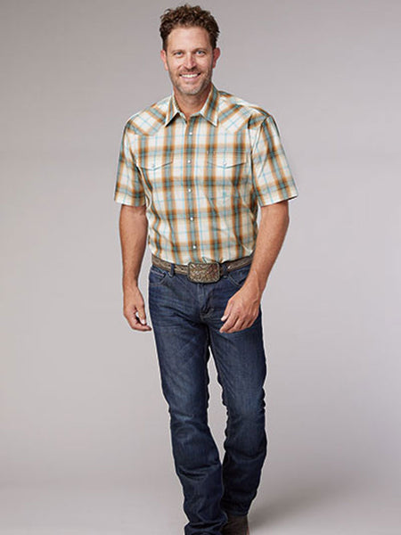 Roper 03-002-0278-4054 Mens Short Sleeve Western Plaid Shirt Orange front view. If you need any assistance with this item or the purchase of this item please call us at five six one seven four eight eight eight zero one Monday through Saturday 10:00a.m EST to 8:00 p.m EST