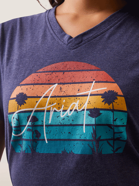 Ariat 10043418 Womens REAL Horizon T-Shirt Navy Heather close up of design. If you need any assistance with this item or the purchase of this item please call us at five six one seven four eight eight eight zero one Monday through Saturday 10:00a.m EST to 8:00 p.m EST