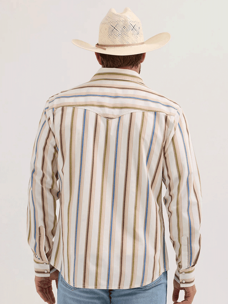 Wrangler 112365630 Mens Retro Premium Stripe Western Snap Shirt Natural back view. If you need any assistance with this item or the purchase of this item please call us at five six one seven four eight eight eight zero one Monday through Saturday 10:00a.m EST to 8:00 p.m EST