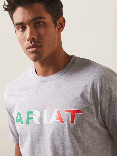 Ariat 10043100 Mens Viva Mexico Short Sleeve Tee Heather Grey front close up view. If you need any assistance with this item or the purchase of this item please call us at five six one seven four eight eight eight zero one Monday through Saturday 10:00a.m EST to 8:00 p.m EST