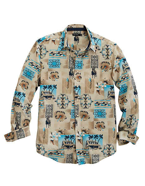 Tin Haul 10-001-0064-0217 Mens Long Sleeve Tiki Print Shirt Tan front view. If you need any assistance with this item or the purchase of this item please call us at five six one seven four eight eight eight zero one Monday through Saturday 10:00a.m EST to 8:00 p.m EST