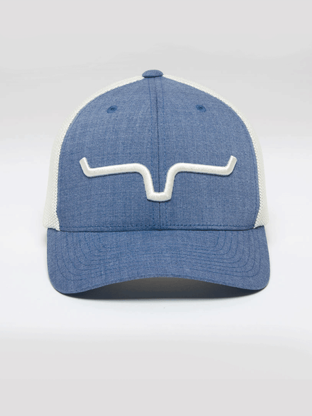 Kimes Ranch UPGRADE WEEKLY 110 Mesh Back Cap Ivory Light Blue full front view. If you need any assistance with this item or the purchase of this item please call us at five six one seven four eight eight eight zero one Monday through Saturday 10:00a.m EST to 8:00 p.m EST