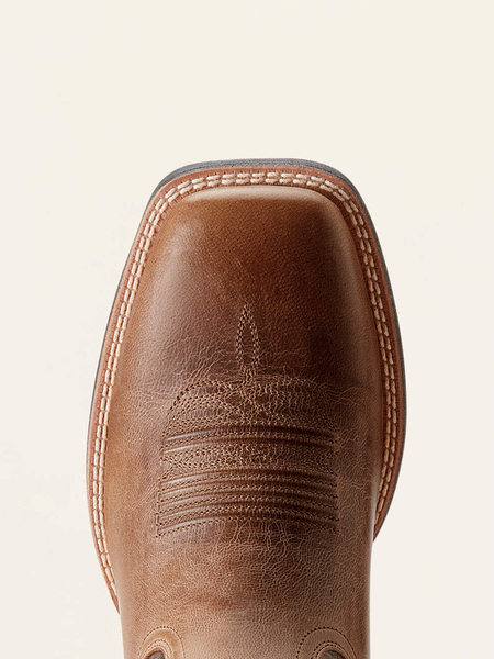 Ariat 10053579 Mens Brush Creek Cowboy Boot Mesa Tan toe view. If you need any assistance with this item or the purchase of this item please call us at five six one seven four eight eight eight zero one Monday through Saturday 10:00a.m EST to 8:00 p.m EST