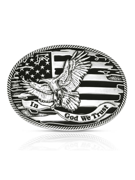 Montana Silversmiths A1063S Forged in Freedom Buckle Silver front view. If you need any assistance with this item or the purchase of this item please call us at five six one seven four eight eight eight zero one Monday through Saturday 10:00a.m EST to 8:00 p.m EST