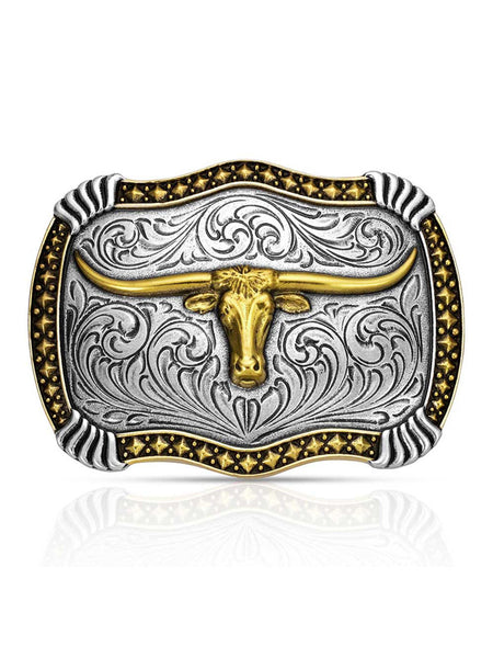 Montana Silversmiths A1072P Longhorn Legacy Buckle Belt Buckle Silver front view. If you need any assistance with this item or the purchase of this item please call us at five six one seven four eight eight eight zero one Monday through Saturday 10:00a.m EST to 8:00 p.m EST