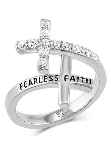 Montana Silversmiths FFRG5538 Womens Fearless Faith Crystal Cross Ring Silver front view. If you need any assistance with this item or the purchase of this item please call us at five six one seven four eight eight eight zero one Monday through Saturday 10:00a.m EST to 8:00 p.m EST