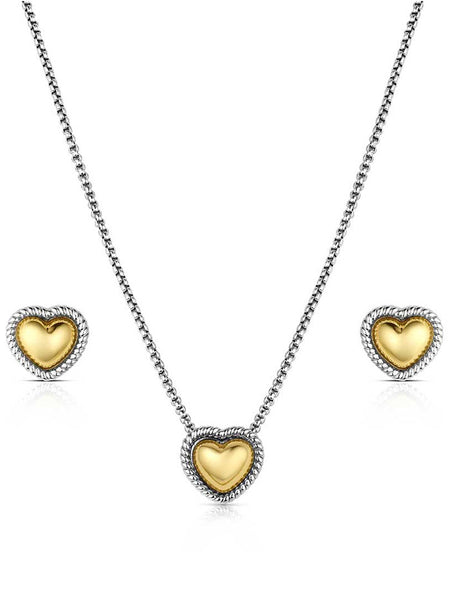 Montana Silversmiths JS6473 Womens Trio Of Hearts Jewelry Set Silver And Gold front view. If you need any assistance with this item or the purchase of this item please call us at five six one seven four eight eight eight zero one Monday through Saturday 10:00a.m EST to 8:00 p.m EST