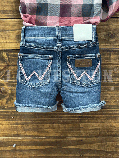 Wrangler 1009GWHUE Kids Girls Jean Shorts Denim Stonewash back view on mannequin. If you need any assistance with this item or the purchase of this item please call us at five six one seven four eight eight eight zero one Monday through Saturday 10:00a.m EST to 8:00 p.m EST