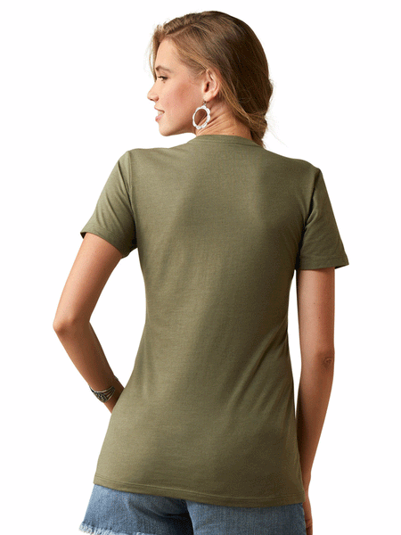 Ariat 10045466 Womens Mustang Fever Short Sleeve Tee Military Heather back view. If you need any assistance with this item or the purchase of this item please call us at five six one seven four eight eight eight zero one Monday through Saturday 10:00a.m EST to 8:00 p.m EST