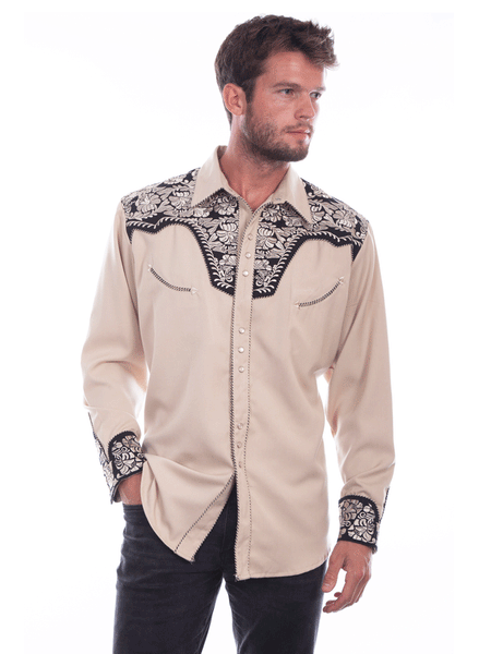 Scully P-634-TAN Mens Floral Tooled Embroidery Western Shirt Tan front view. If you need any assistance with this item or the purchase of this item please call us at five six one seven four eight eight eight zero one Monday through Saturday 10:00a.m EST to 8:00 p.m EST