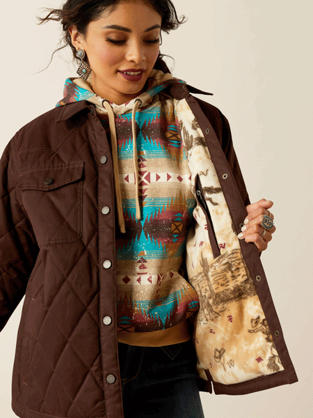 Ariat 10052401 Womens Grizzly Quilted Barn Jacket Mole Dark Brown inside view. If you need any assistance with this item or the purchase of this item please call us at five six one seven four eight eight eight zero one Monday through Saturday 10:00a.m EST to 8:00 p.m EST