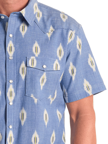 Panhandle PMN3S06561 Mens Ikat Print Short Sleeve Snap Shirt Light Blue front close up. If you need any assistance with this item or the purchase of this item please call us at five six one seven four eight eight eight zero one Monday through Saturday 10:00a.m EST to 8:00 p.m EST