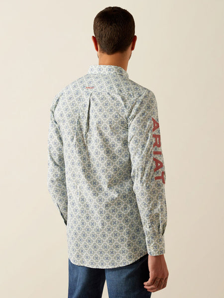 Ariat 10054729 Mens Team Prestley Fitted Shirt Blue And Orange back view. If you need any assistance with this item or the purchase of this item please call us at five six one seven four eight eight eight zero one Monday through Saturday 10:00a.m EST to 8:00 p.m EST