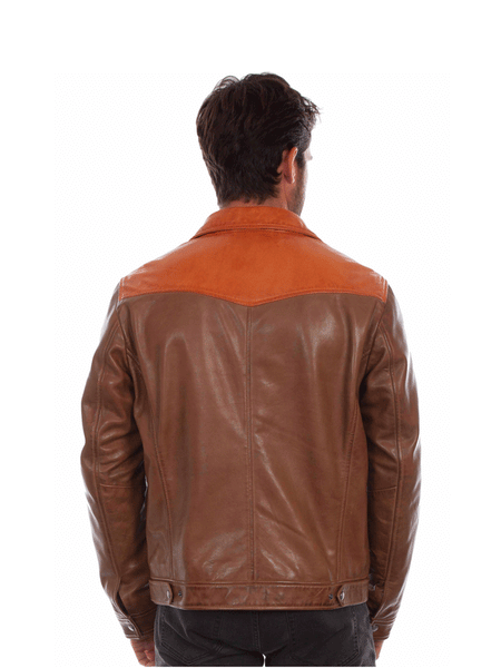 Scully 2018-15 Mens Contrast Leather Jacket Saddle Tan back view. If you need any assistance with this item or the purchase of this item please call us at five six one seven four eight eight eight zero one Monday through Saturday 10:00a.m EST to 8:00 p.m EST