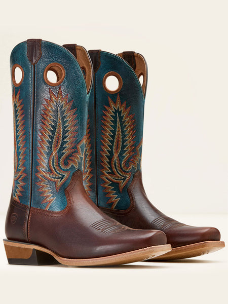 Ariat 10061305 Mens Southland Cowboy Boot Conquest Brown Hyper Blue side view pair. If you need any assistance with this item or the purchase of this item please call us at five six one seven four eight eight eight zero one Monday through Saturday 10:00a.m EST to 8:00 p.m EST