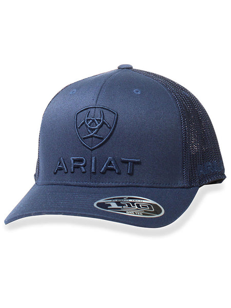 Ariat A300063903 Flexfit 110 Snap Back Logo Cap Navy front / side view. If you need any assistance with this item or the purchase of this item please call us at five six one seven four eight eight eight zero one Monday through Saturday 10:00a.m EST to 8:00 p.m EST
