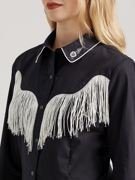 Wrangler 112356678 Womens Western Dress Fringe Snap Shirt Black front close up. If you need any assistance with this item or the purchase of this item please call us at five six one seven four eight eight eight zero one Monday through Saturday 10:00a.m EST to 8:00 p.m EST