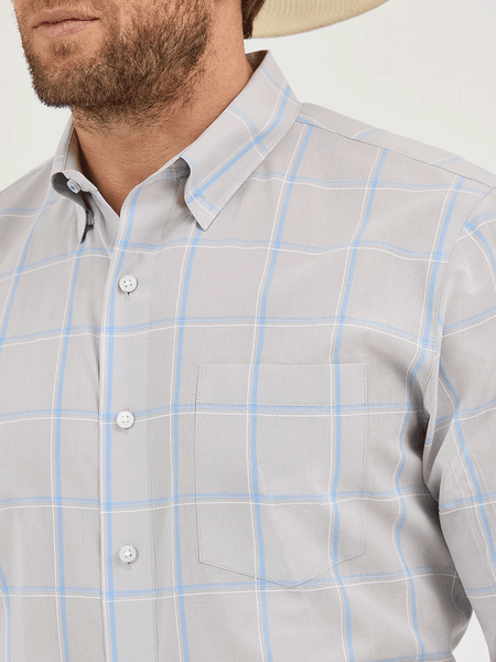 Wrangler 112365619 Mens Cody Johnson Button Down Shirt Silver Grey front pocket close up. If you need any assistance with this item or the purchase of this item please call us at five six one seven four eight eight eight zero one Monday through Saturday 10:00a.m EST to 8:00 p.m EST