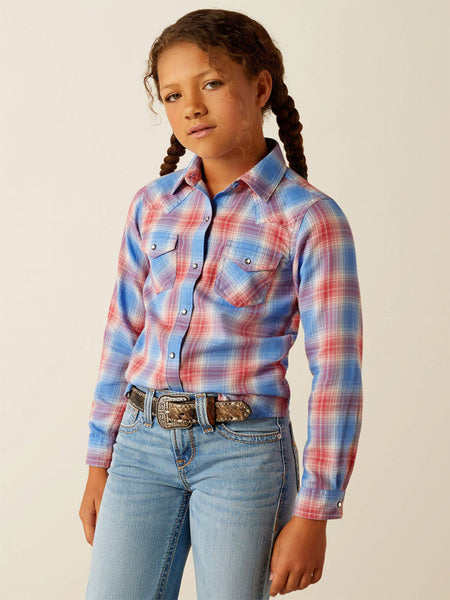Ariat 10054601 Kids Sammy Snap Shirt Berry Plaid Red And Blue front view. If you need any assistance with this item or the purchase of this item please call us at five six one seven four eight eight eight zero one Monday through Saturday 10:00a.m EST to 8:00 p.m EST